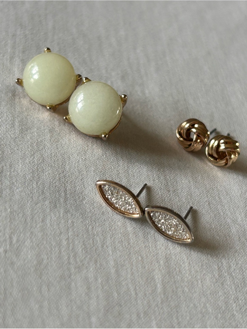3 Pair Gold Tone Stud Earrings Bundle Mint Cabochon Druzy Knot Earrings